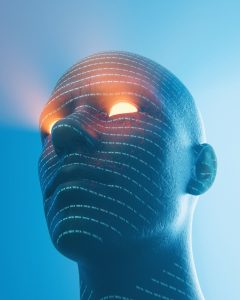 Photo visage humanoïde futuriste avec des yeux éclairant